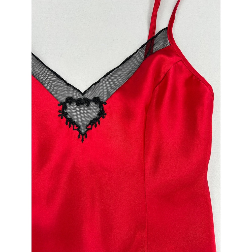 Red Satin Heart Mesh Trim Chemise Nightgown Medium